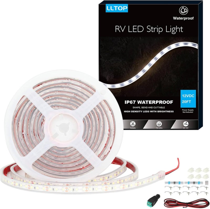 LLTOP Store RV Awning Lights 12vdc 20ft White Exterior LED Strip Outdoor Camper Waterproof IP67 Motorhome Travel Trailer Canopy RV Underglow Tape Lights - Image 1